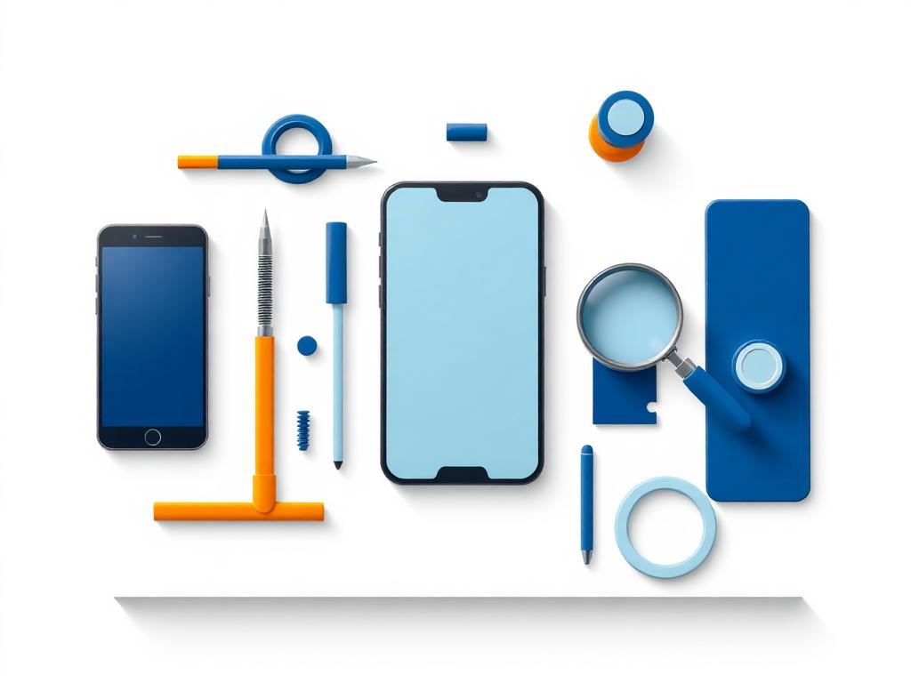 Illustration of a phone repair workbench with tools and a smartphone